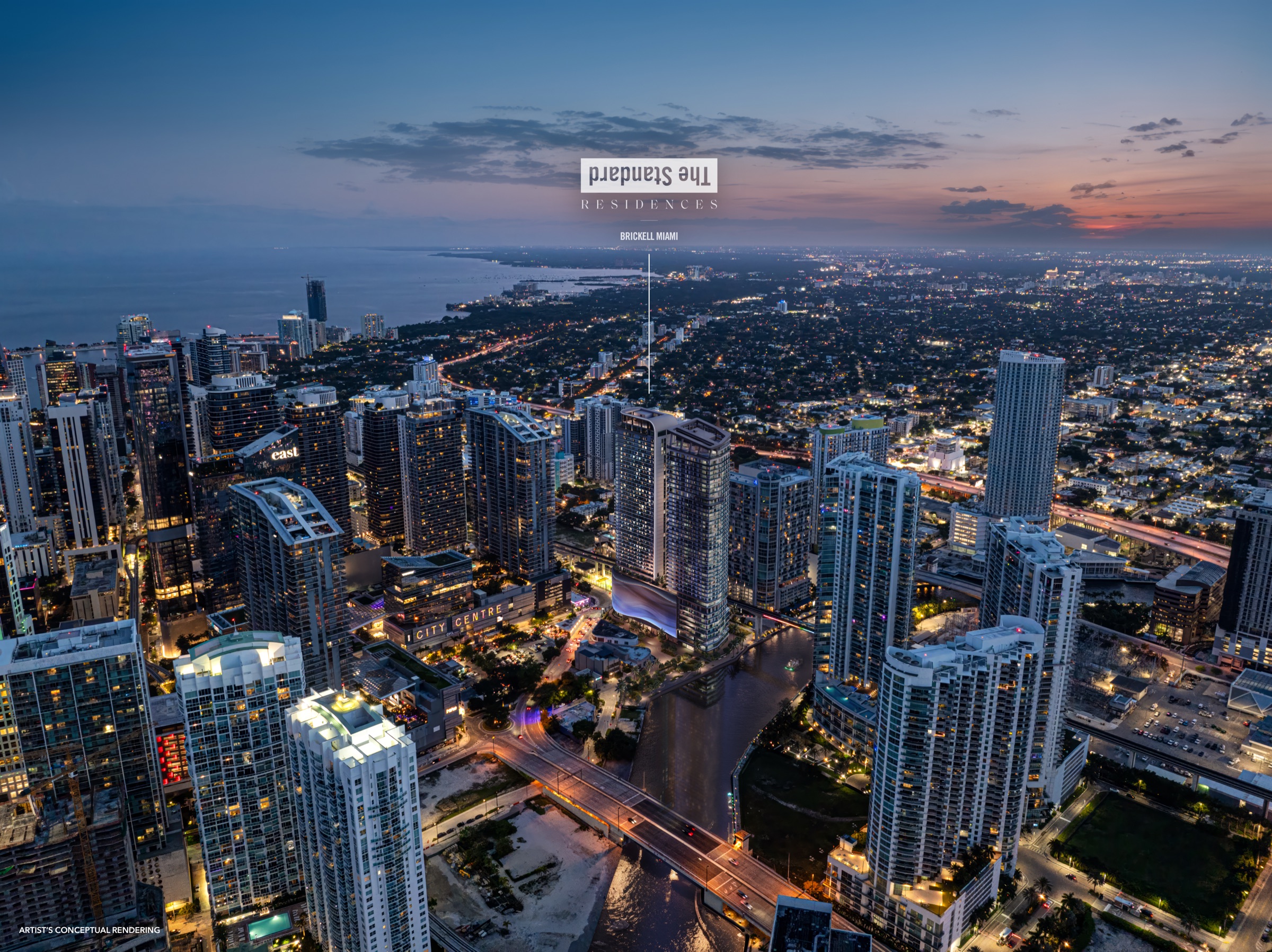 Aerial rendering of The Standard Residences on the Miami River, Brickell