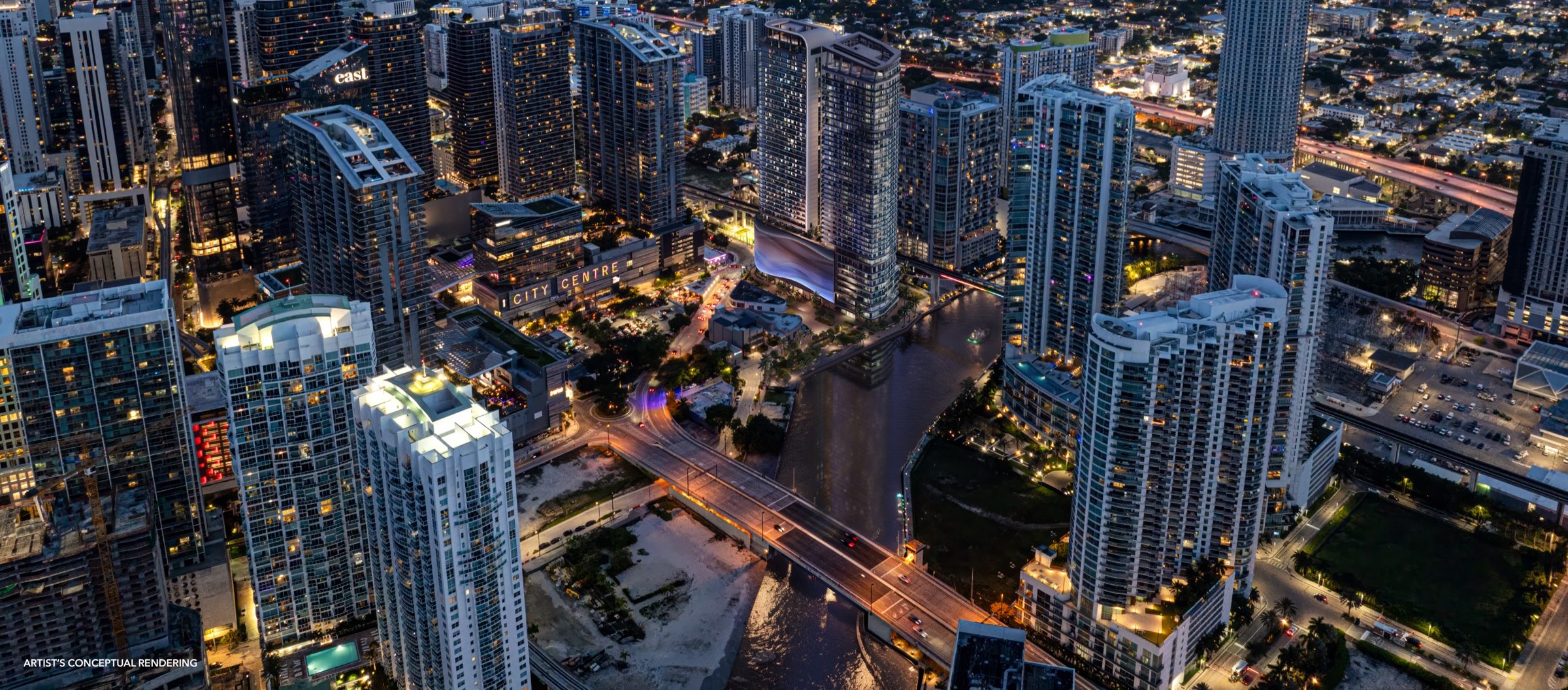 The Standard Residences on the Miami River in Brickell at dusk, beside Brickell City Centre — artist's conceptual rendering