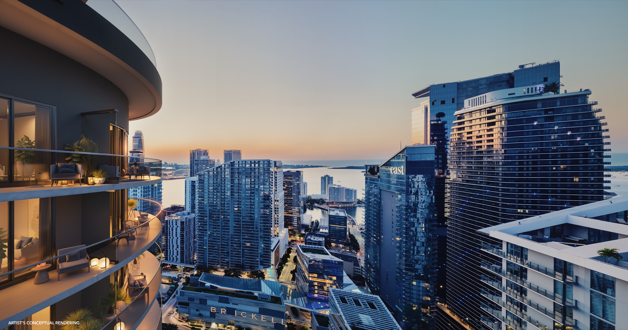 Terrace view over Brickell and Biscayne Bay — artist's conceptual rendering